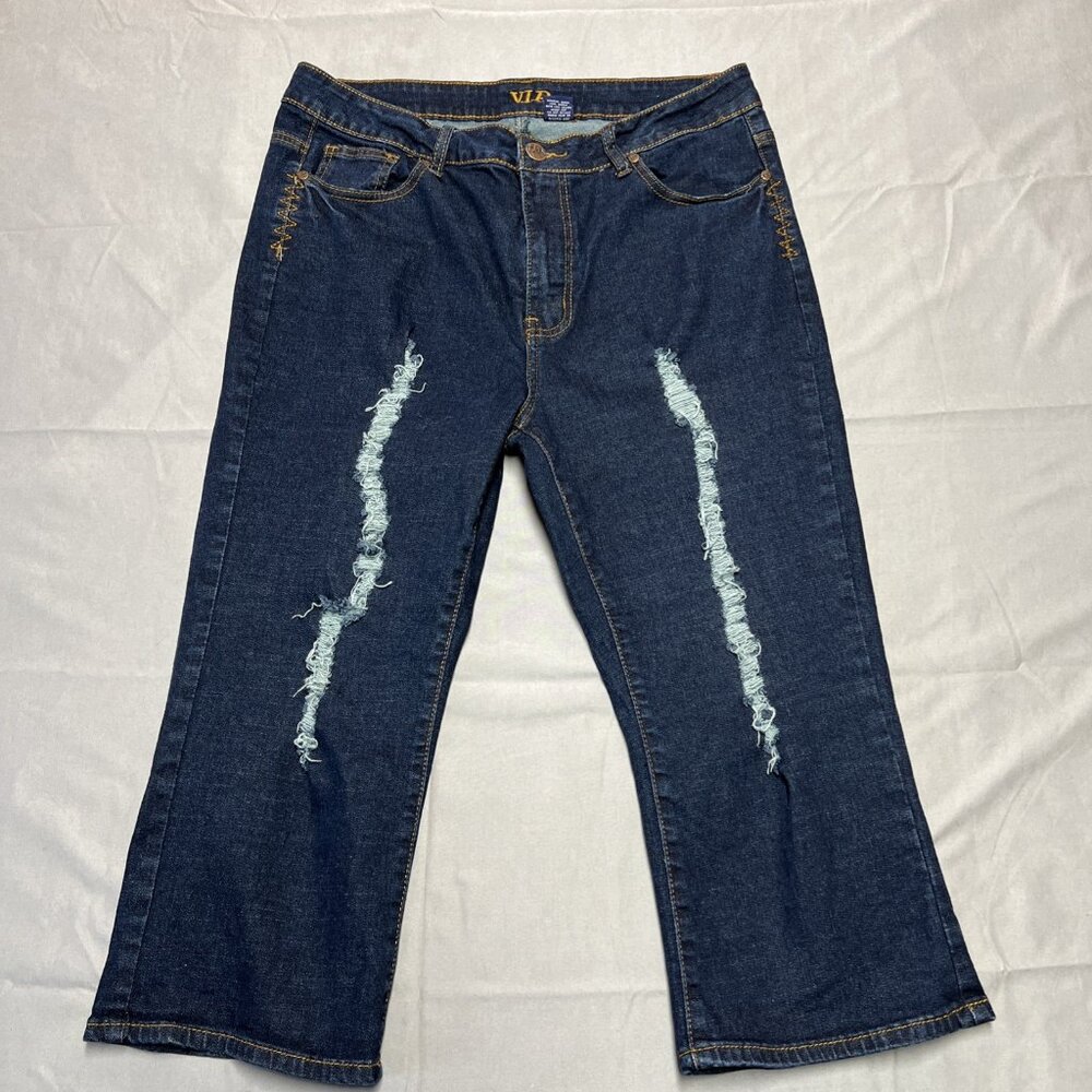 Vip Denim Distressed Dark Wash Capri's Women's Size 17/18 Embroidered Stretchy